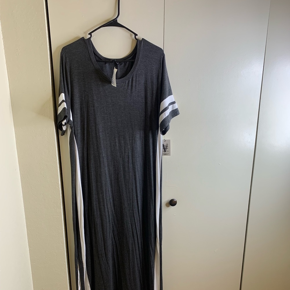 Grey Striped Leg Split Maxi Dress